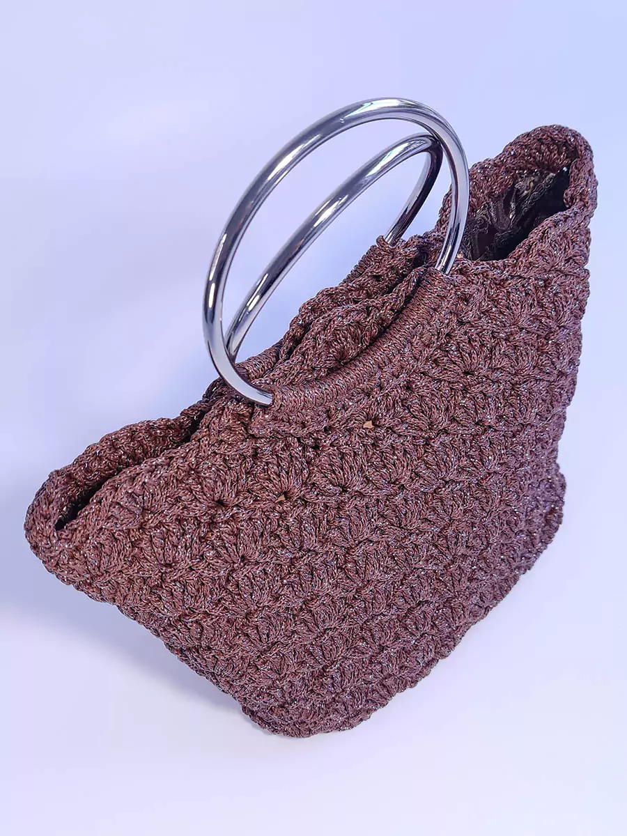 BAG-0005_2 Τσάντα με πλέξη αχιβάδα & στρογγυλά χερούλια καφέ