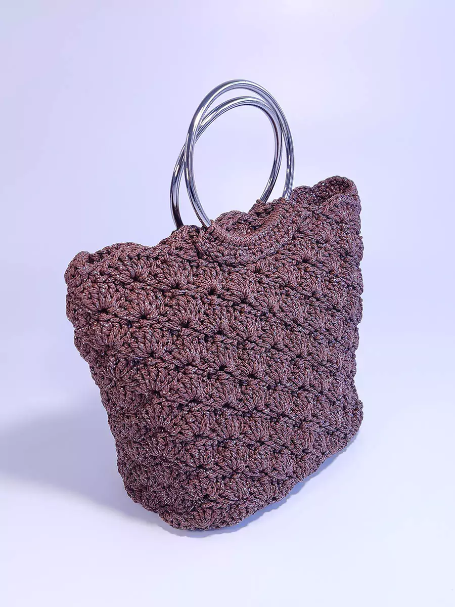 BAG-0005_3 Τσάντα με πλέξη αχιβάδα & στρογγυλά χερούλια καφέ