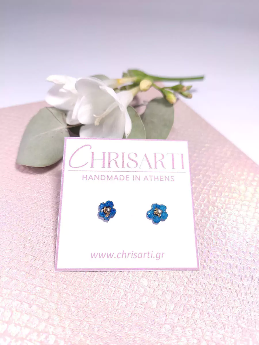 EARRING-0012 Σκουλαρίκια ατσάλινα καρφάκια μικρά λουλούδια μπλε
