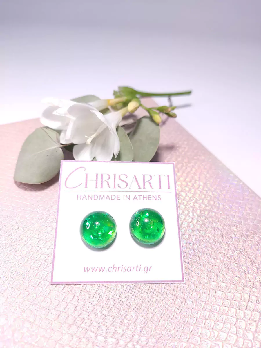 EARRING-0016 Σκουλαρίκια ατσάλινα καρφάκια μεσαία ημισφαίρια πράσινα