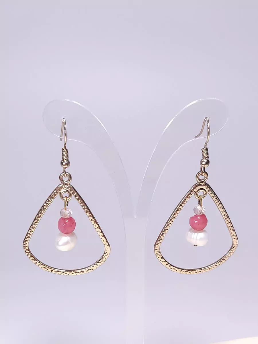 Σκουλαρίκια με μεταλλικό δάκρυ λευκό μαργαριτάρι & ροζ αχάτη