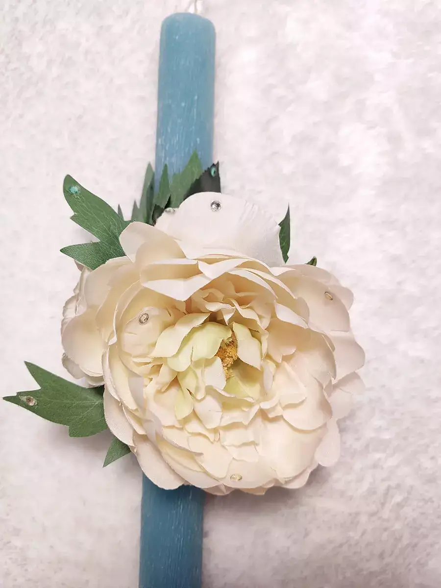 Λαμπάδα τιρκουάζ κυλινδρική με παιώνιες