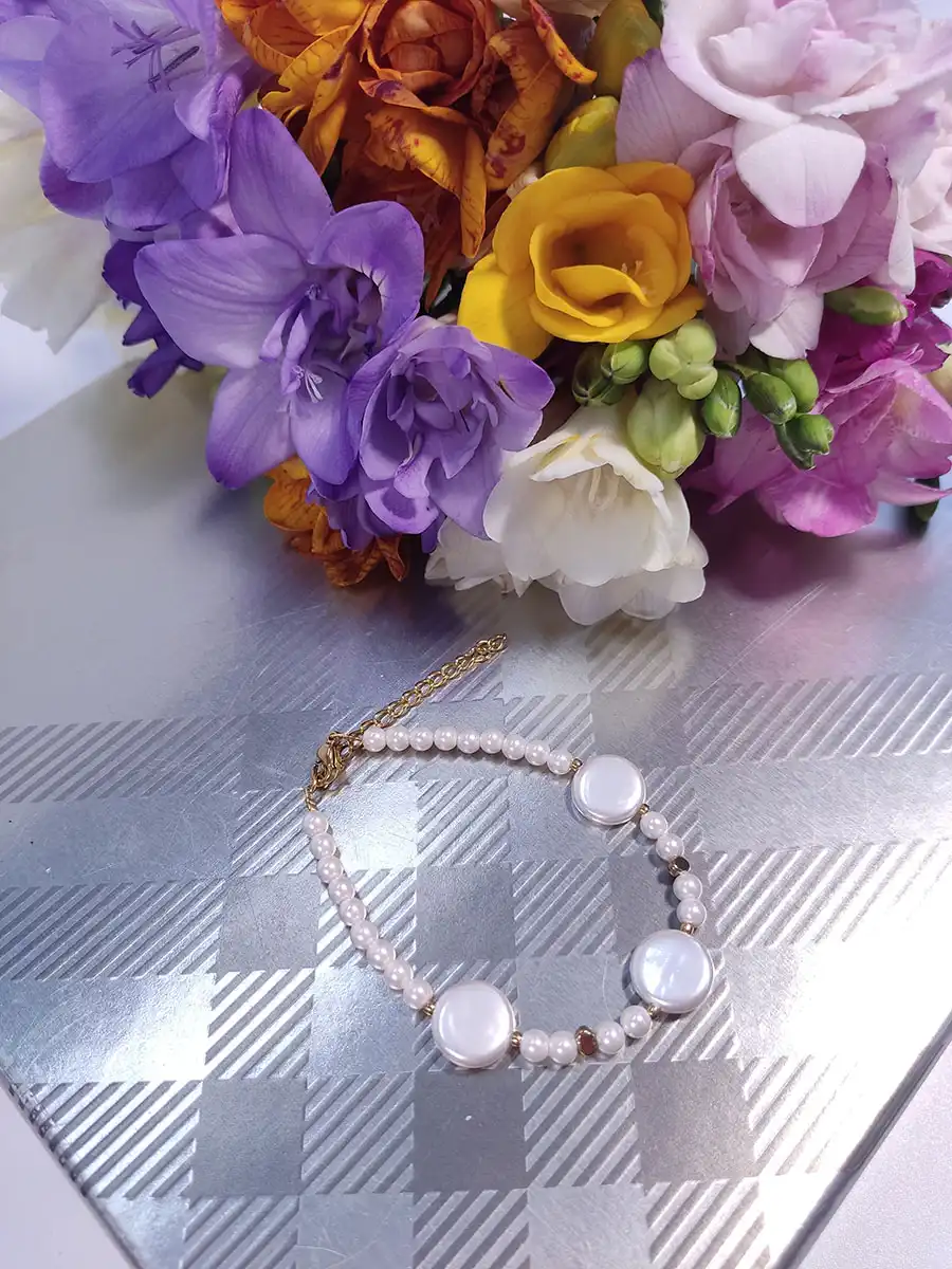 BRACELET-0007 (2) Βραχιόλι με λευκό φίλντισι & χρυσό αιματίτη