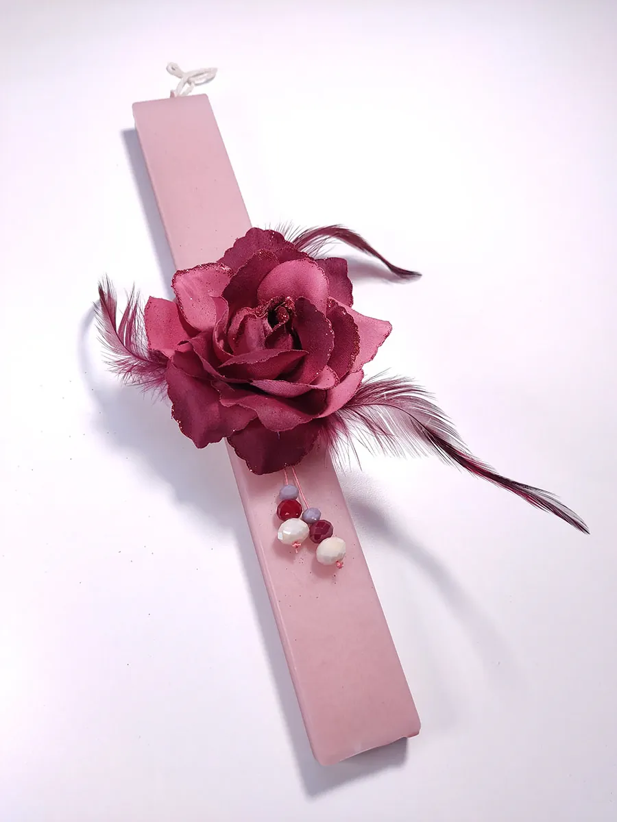 EASTER-0012 (2) Λαμπάδα ροζ με μπορντό λουλούδι