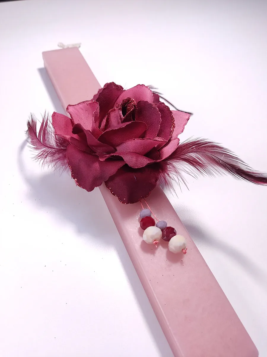 EASTER-0012 (3) Λαμπάδα ροζ με μπορντό λουλούδι