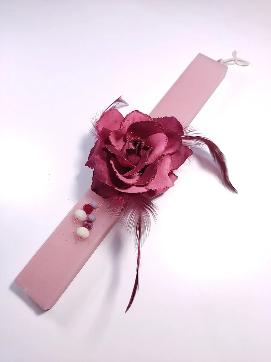 EASTER-0012 (4) Λαμπάδα ροζ με μπορντό λουλούδι