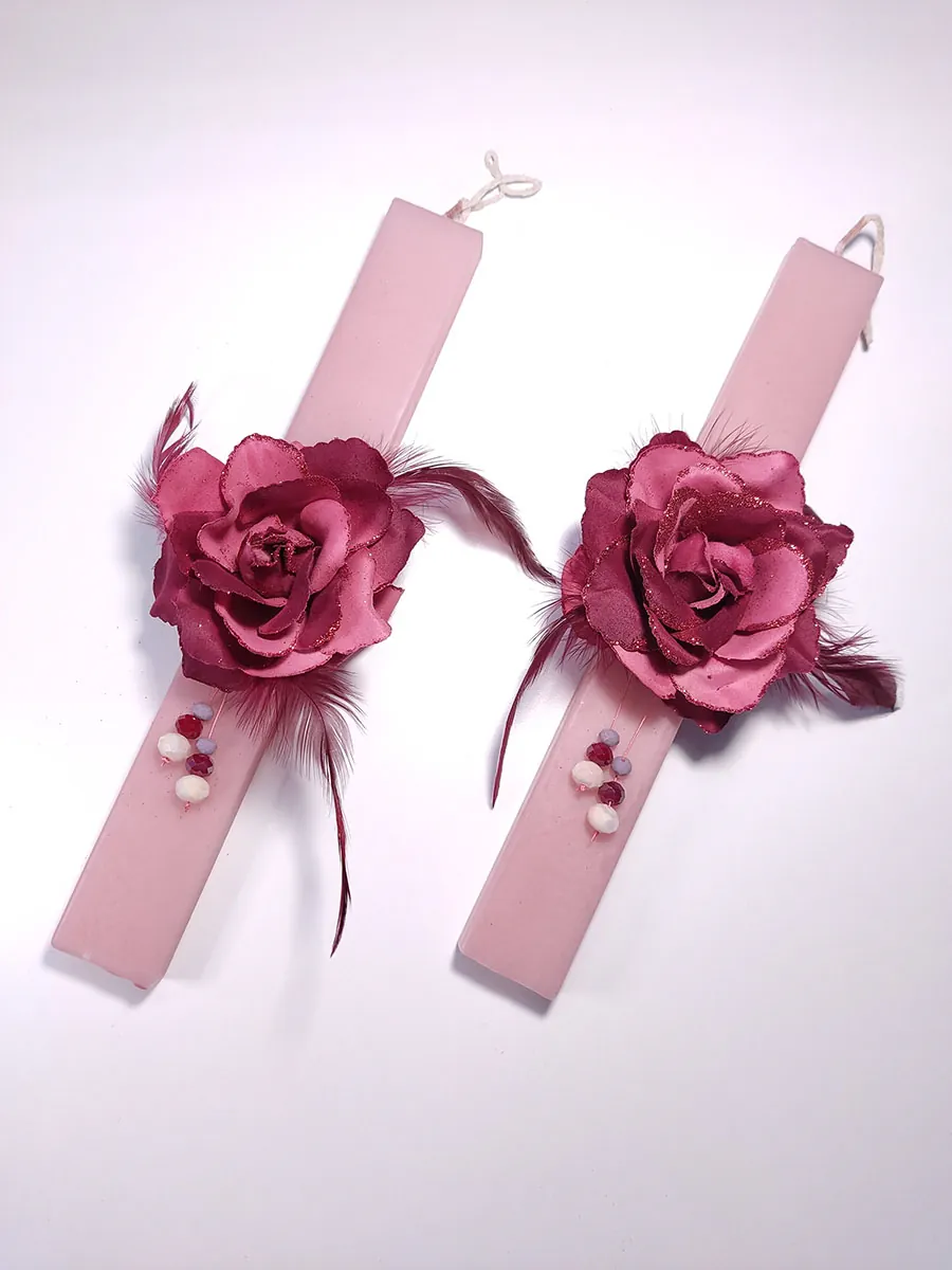 EASTER-0012 (5) Λαμπάδα ροζ με μπορντό λουλούδι