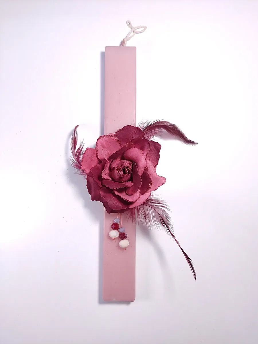 EASTER-0012 Λαμπάδα ροζ με μπορντό λουλούδι