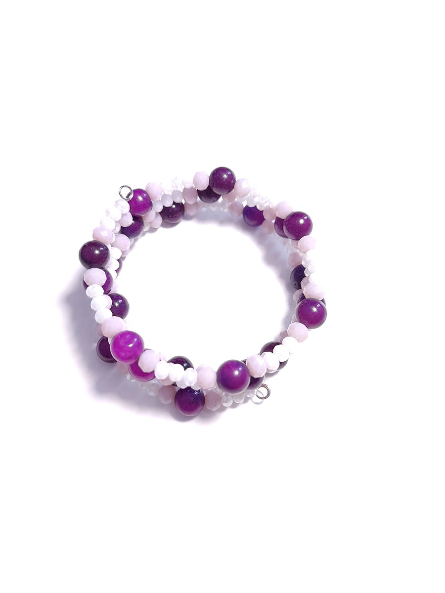 BRACELET-0013 (2) Βραχιόλι με σύρμα μνήμης φούξια πέτρα & κρύσταλλα / 3 σειρές