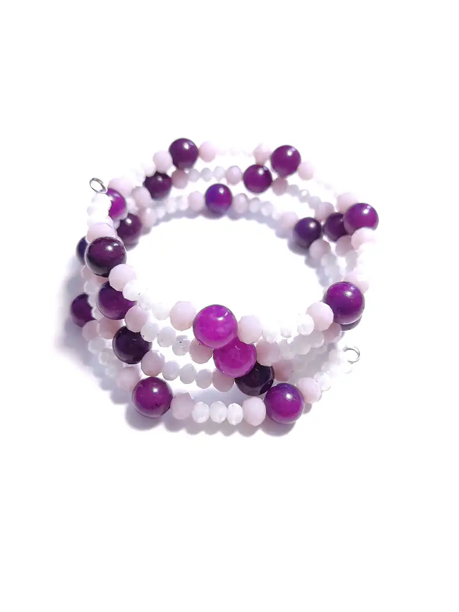 Βραχιόλι με σύρμα μνήμης φούξια πέτρα & κρύσταλλα / 3 σειρές