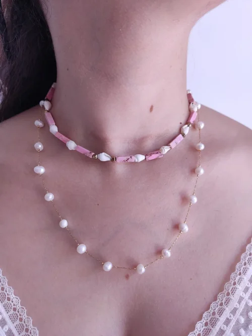 NECKLACE-0012 (2) Ροζάριο ατσάλινο χρυσό με λευκά μαργαριτάρια