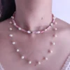 NECKLACE-0020 (4) Κολιέ τσόκερ με ροζ νεφρίτη & λευκά κοχύλια