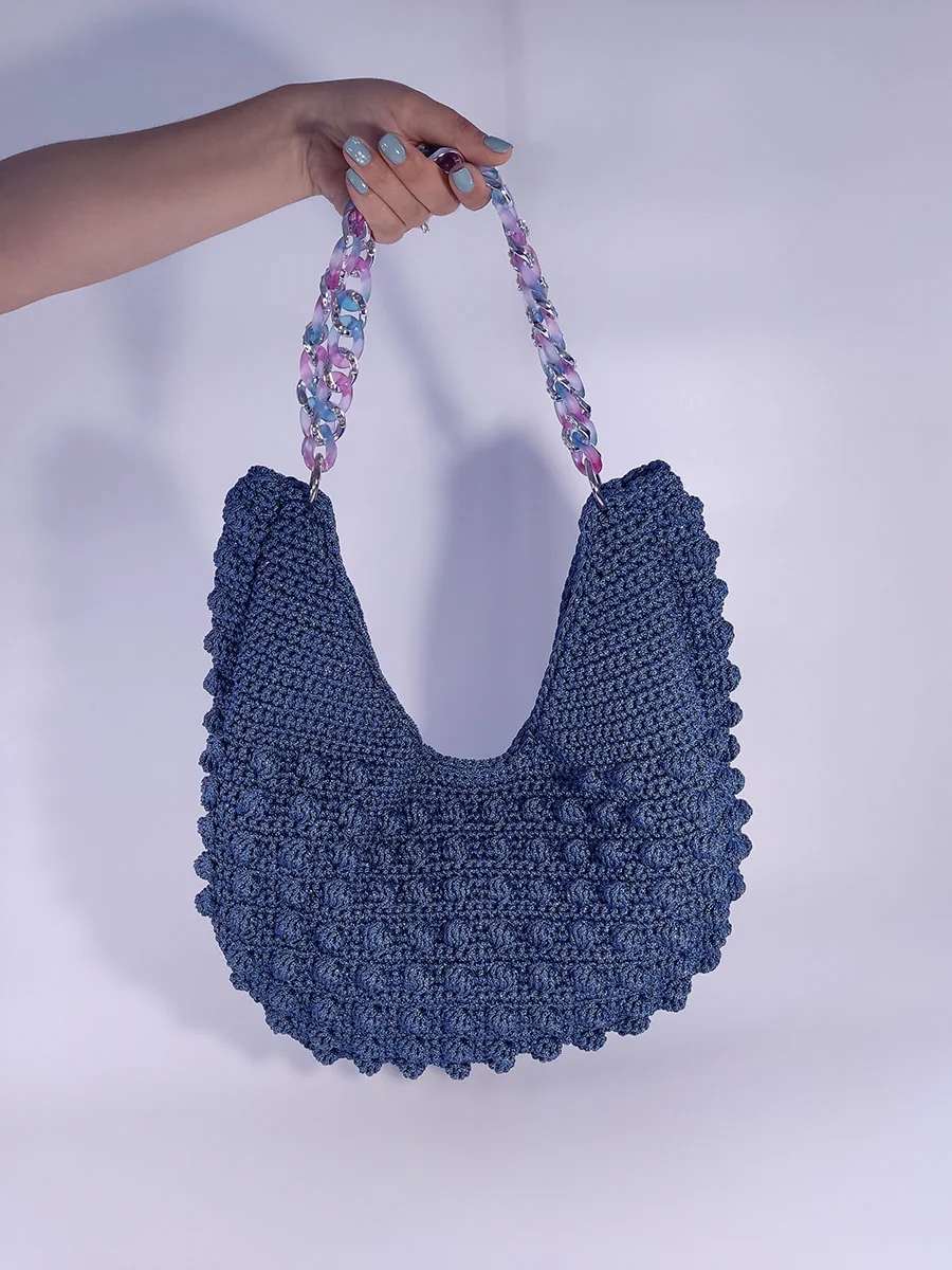 BAG-0022 (1) Μεγάλη Χειροποίητη Πλεκτή Τσάντα Bubble Μπλε με Ακρυλική Αλυσίδα | CHRISARTI