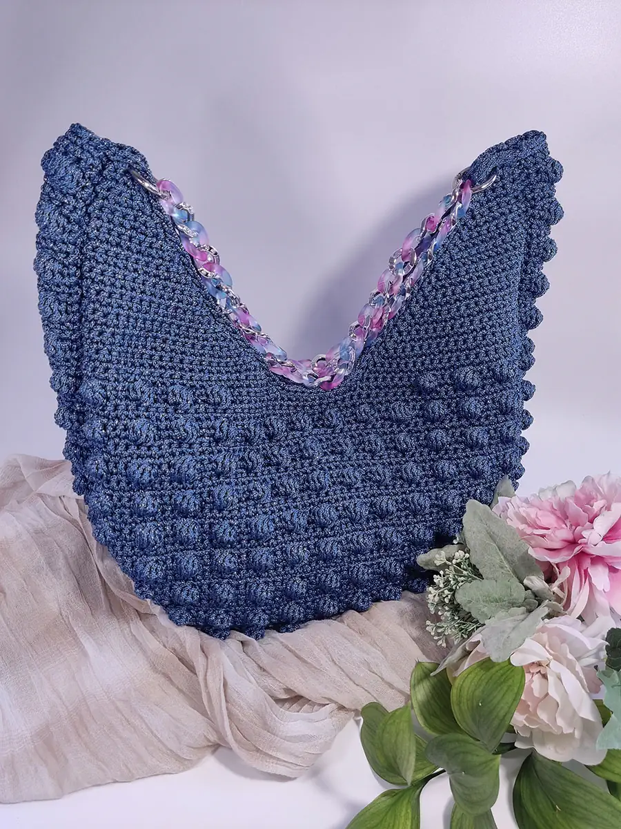 BAG-0022 (2) Μεγάλη Χειροποίητη Πλεκτή Τσάντα Bubble σε Μπλε Απόχρωση με Ακρυλική Αλυσίδα | CHRISARTI