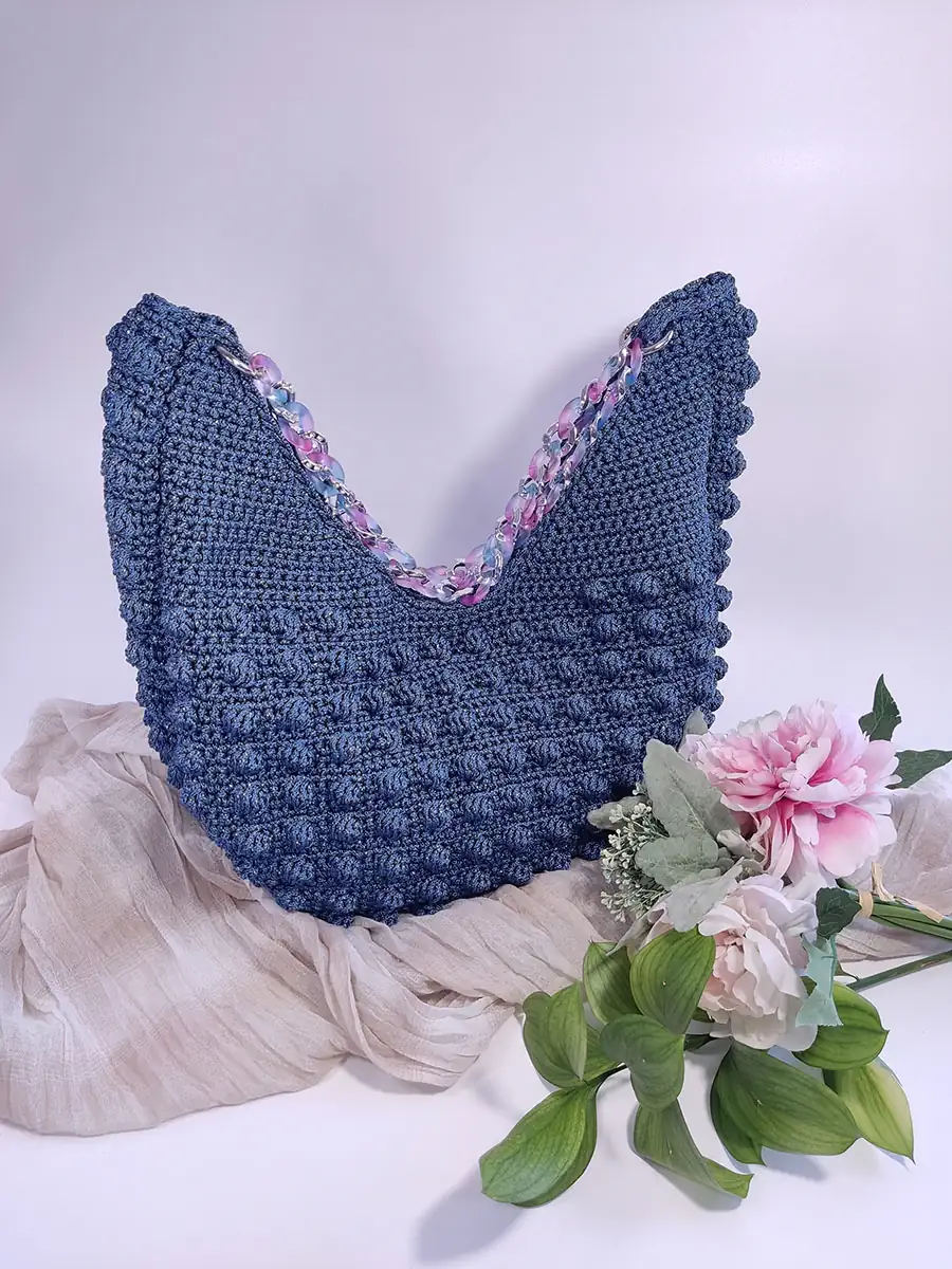 BAG-0022 (3) Μεγάλη Χειροποίητη Πλεκτή Τσάντα Bubble Μπλε με Ακρυλική Αλυσίδα | CHRISARTI