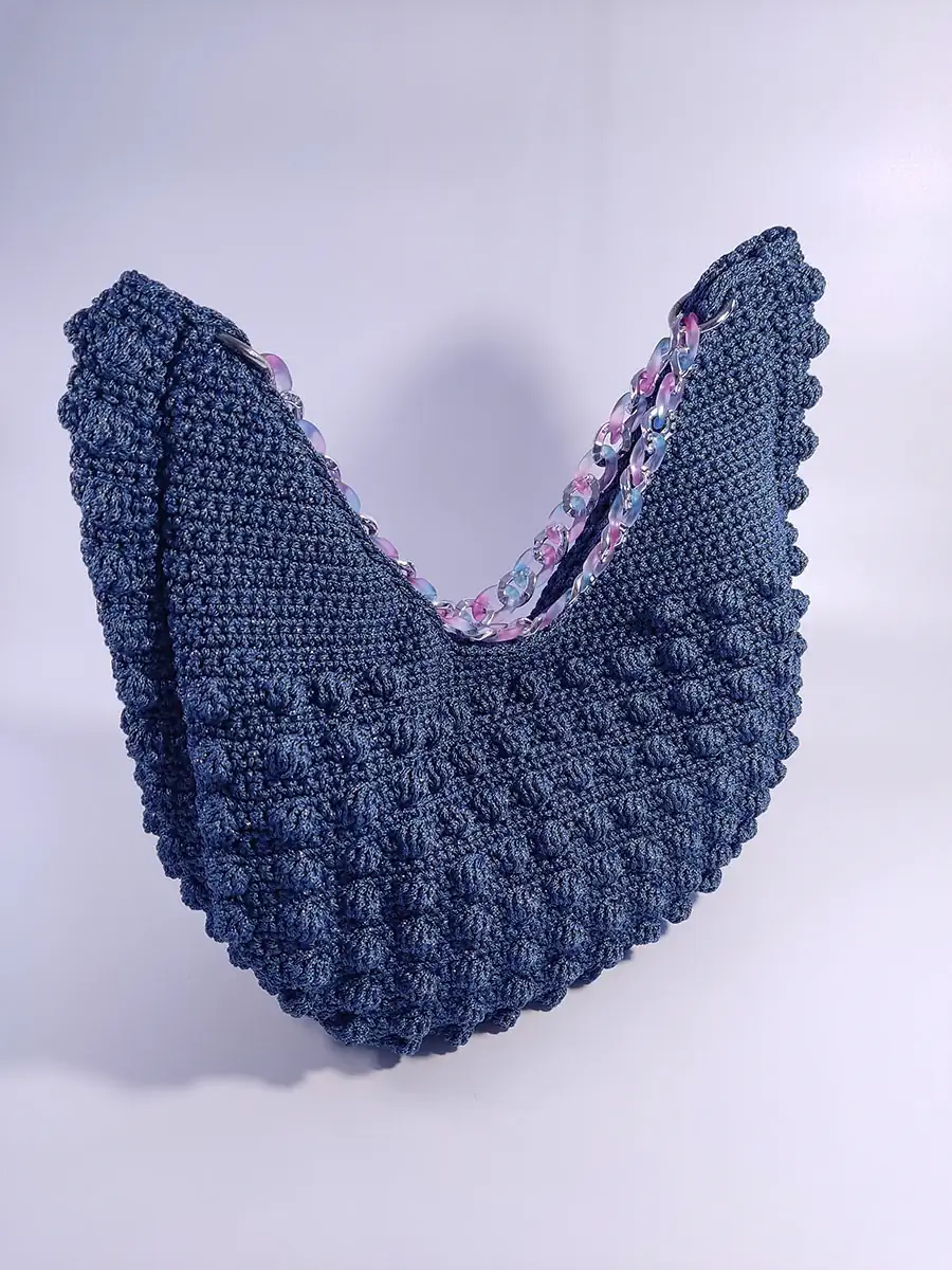 BAG-0022 (4) Μεγάλη Χειροποίητη Πλεκτή Τσάντα Bubble Μπλε με Ακρυλική Αλυσίδα | CHRISARTI