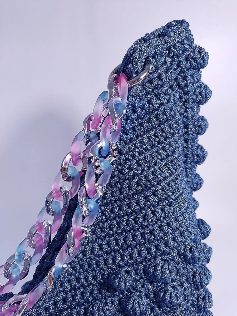 BAG-0022 (5) Μεγάλη Χειροποίητη Πλεκτή Τσάντα Bubble Μπλε με Ακρυλική Αλυσίδα | CHRISARTI