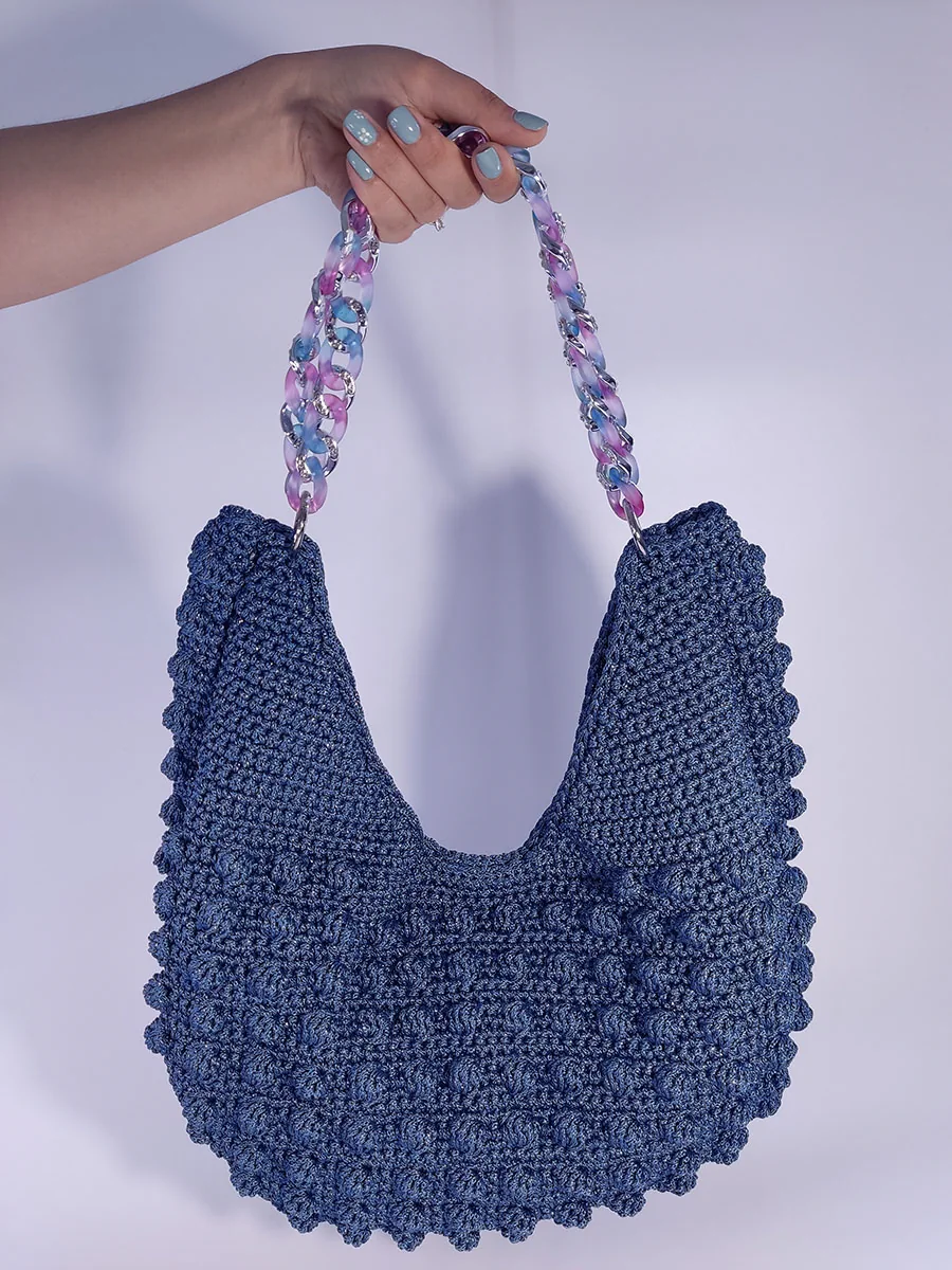 BAG-0022 (7) Μεγάλη Χειροποίητη Πλεκτή Τσάντα Bubble Μπλε με Ακρυλική Αλυσίδα | CHRISARTI