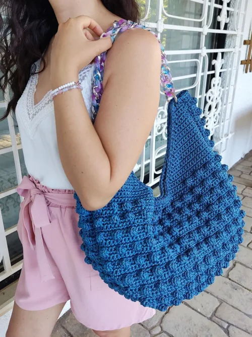 Μεγάλη Χειροποίητη Πλεκτή Τσάντα Bubble σε Μπλε Απόχρωση με Ακρυλική Αλυσίδα | CHRISARTI