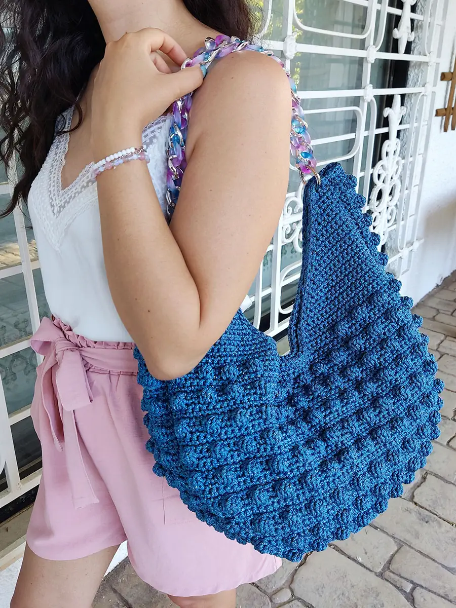 BAG-0022 (8) Μεγάλη Χειροποίητη Πλεκτή Τσάντα Bubble Μπλε με Ακρυλική Αλυσίδα | CHRISARTI