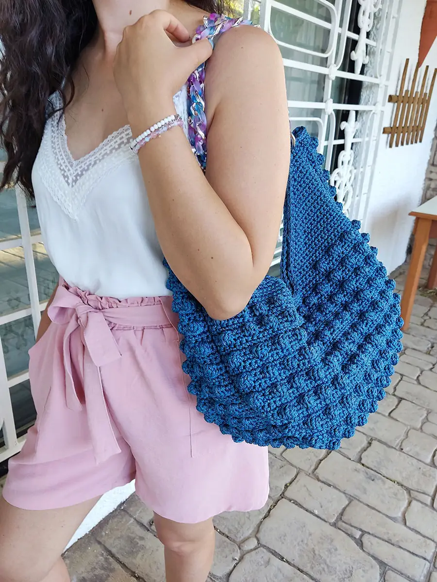 BAG-0022 (9) Μεγάλη Χειροποίητη Πλεκτή Τσάντα Bubble Μπλε με Ακρυλική Αλυσίδα | CHRISARTI