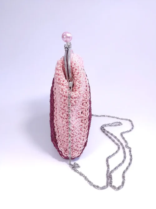BAG-0024 (3) Χειροποίητο Πλεκτό Ροζ Τσαντάκι με Αλυσίδα και Vintage Μεταλλικό Κούμπωμα | CHRISARTI