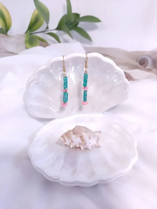 EARRING-0003 Σκουλαρίκια με πράσινο χαολίτη & ροζ κοχύλι