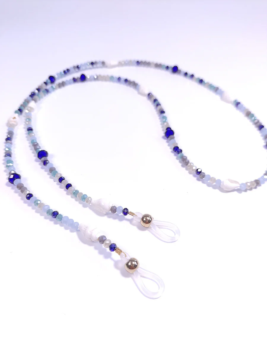 GLASSES-0004 (1) Αλυσίδα γυαλιών με μπλε κρύσταλλα & κοχύλια