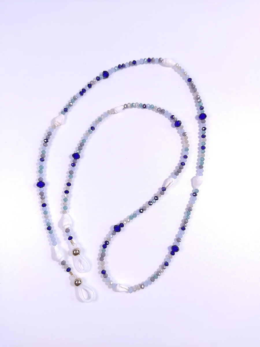 GLASSES-0004 (3) Αλυσίδα γυαλιών με μπλε κρύσταλλα & κοχύλια
