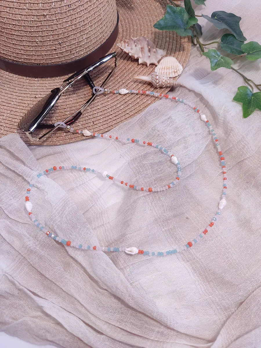 Αλυσίδα γυαλιών με μπλε πορτοκαλί κρύσταλλα & κοχύλια