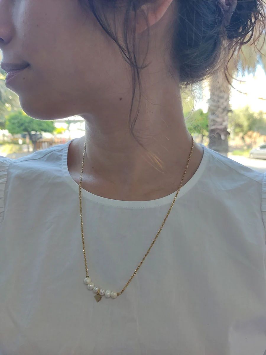 NECKLACE-0002 (5) Αλυσίδα ατσάλινη με λευκά μαργαριτάρια & ρόμβο
