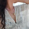NECKLACE-0020 (5) Κολιέ τσόκερ με ροζ νεφρίτη & λευκά κοχύλια