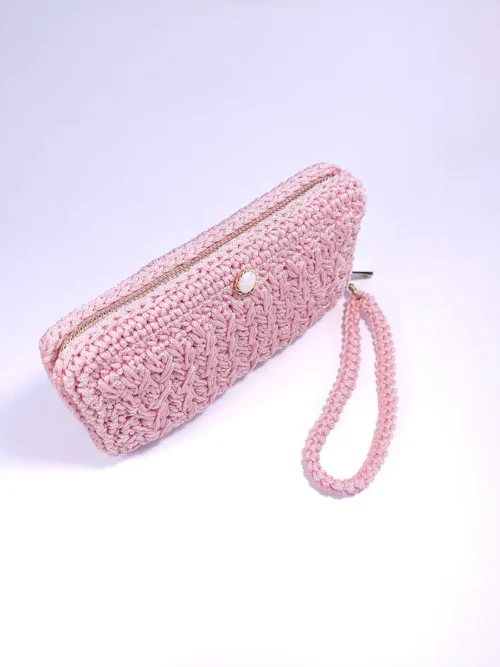 WALLET-0013 (1) Χειροποίητο Πλεκτό Πορτοφόλι με Φερμουάρ και Λουράκι σε Ροζ Απόχρωση | CHRISARTI