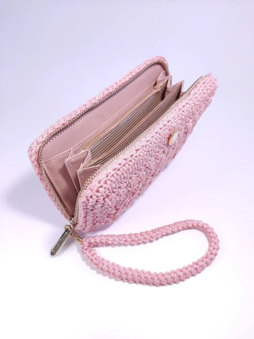 WALLET-0013 (4) Χειροποίητο Πλεκτό Πορτοφόλι με Φερμουάρ και Λουράκι σε Ροζ Απόχρωση | CHRISARTI