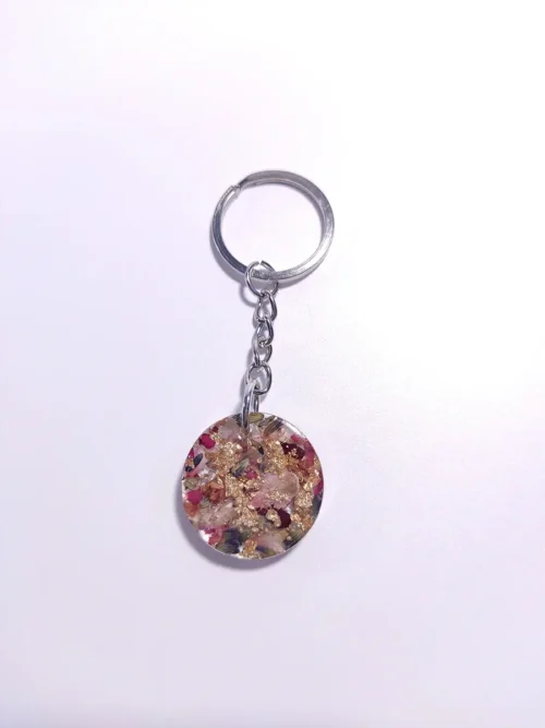 KEYCHAIN-0007 (1) Μπρελόκ στρογγυλό με πέταλα λουλουδιών & φύλλα χρυσού