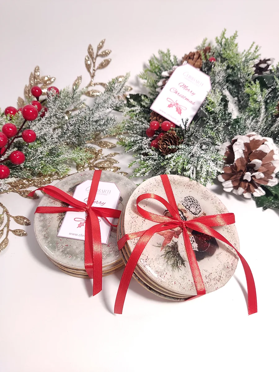 Σουβέρ ξύλινα Χριστουγεννιάτικα στρογγυλά σετ 4 τμχ