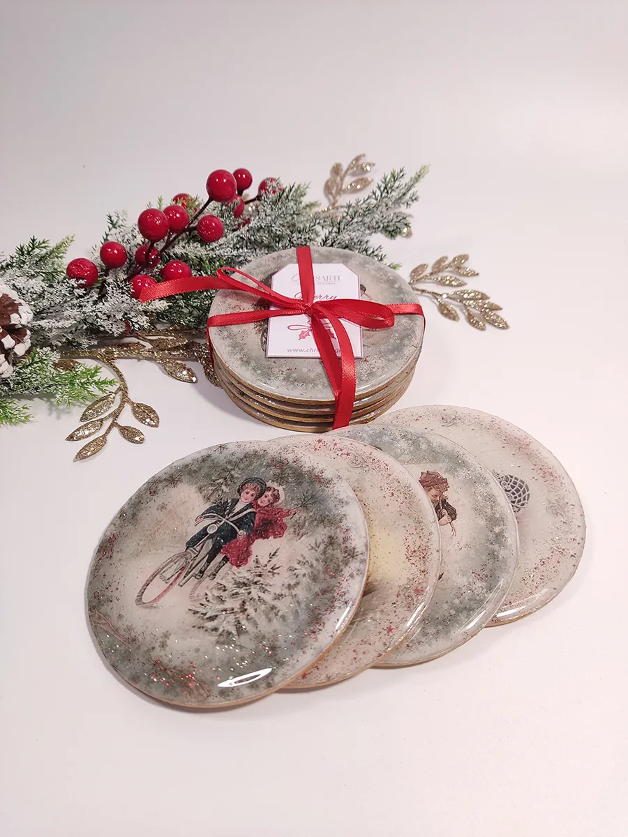 Σουβέρ ξύλινα Χριστουγεννιάτικα στρογγυλά σετ 4 τμχ