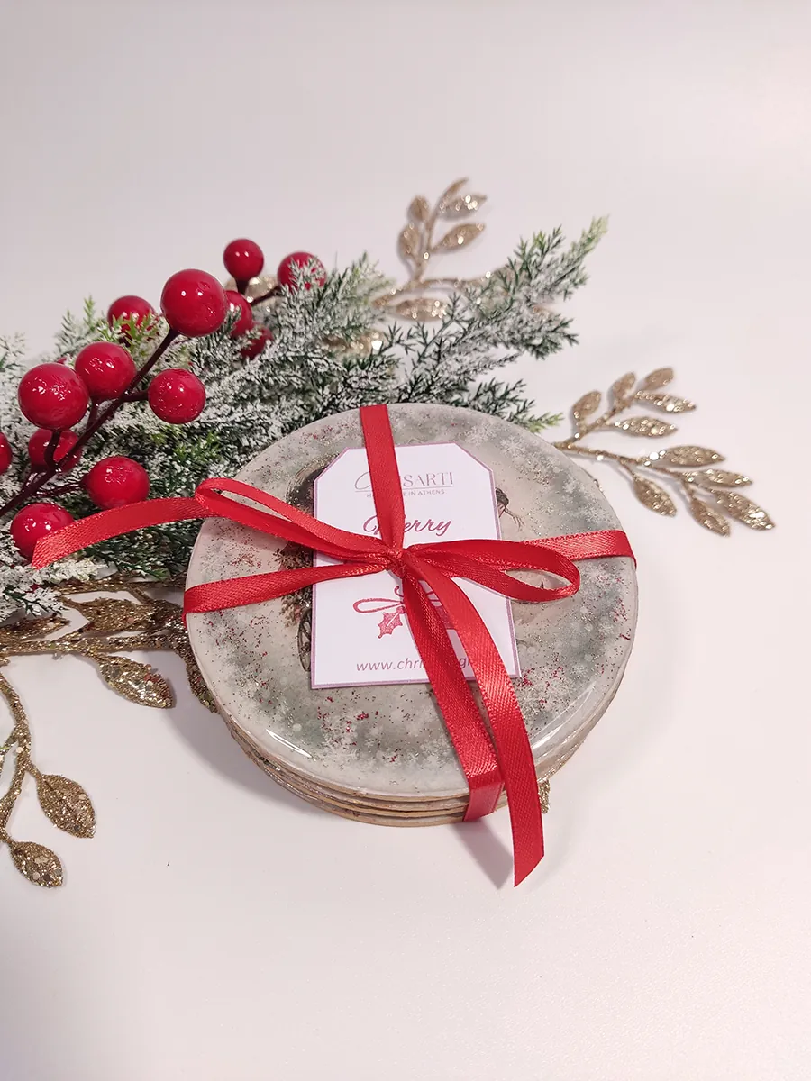 Σουβέρ ξύλινα Χριστουγεννιάτικα στρογγυλά σετ 4 τμχ