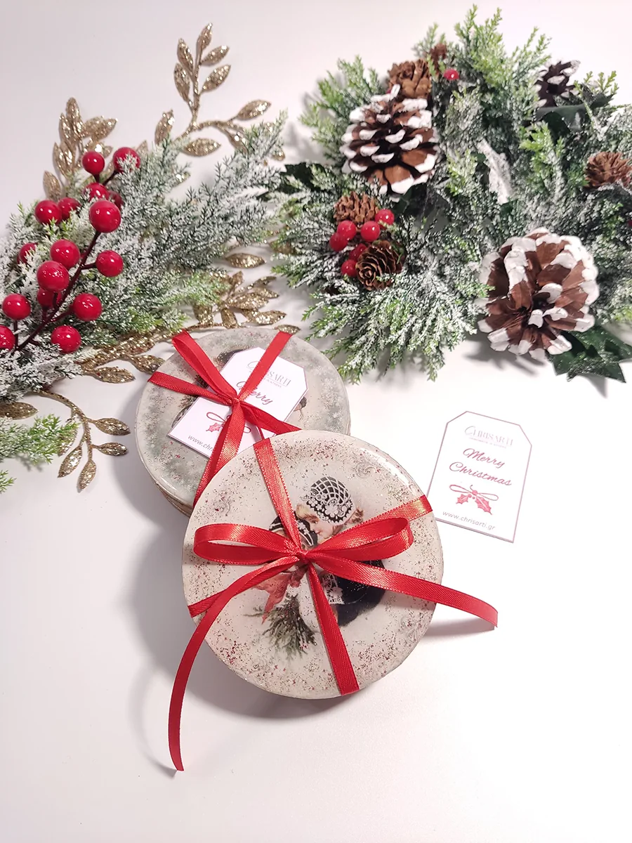 Σουβέρ ξύλινα Χριστουγεννιάτικα στρογγυλά σετ 4 τμχ