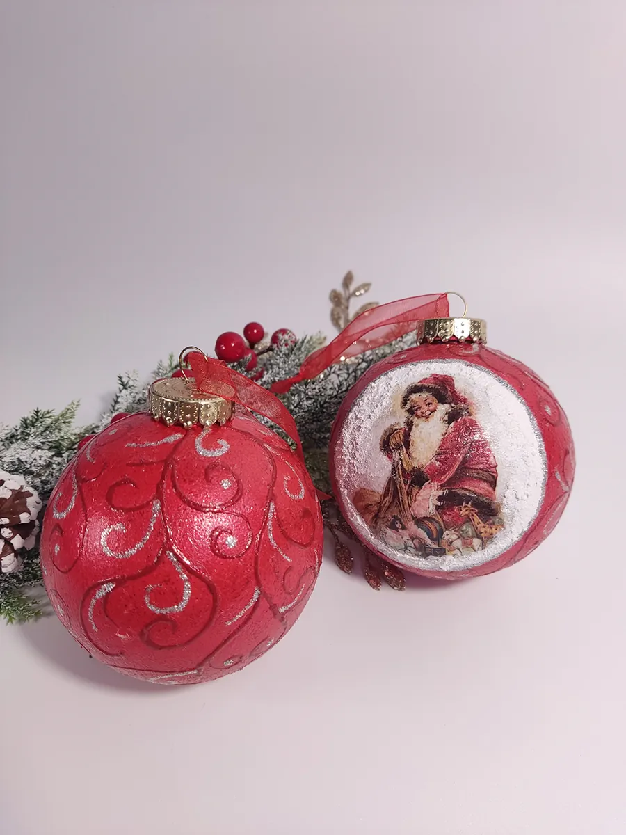 XMAS-0043 (3) Σετ 2 XMAS χειροποίητες μπάλες 10cm με vintage εικόνες