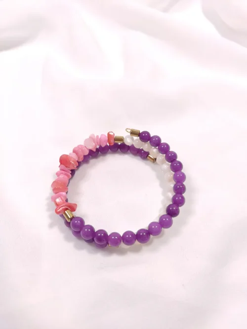 BRACELET-0031 (3) Βραχιόλι με σύρμα μνήμης φίλντισι νεφρίτη αιματίτη & κοχύλι / 2 σειρές