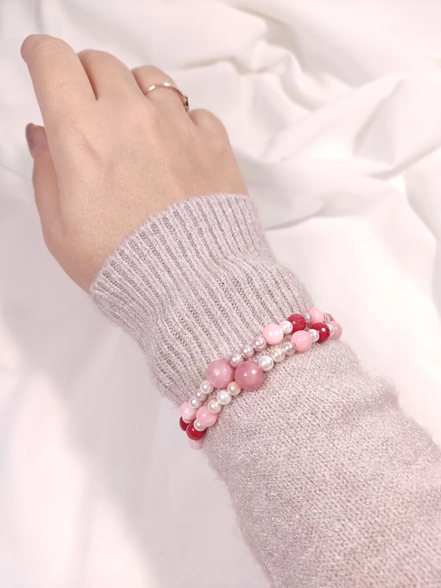 BRACELET-0037 (3) Βραχιόλι με σύρμα μνήμης φίλντισι & νεφρίτη λευκό ροζ / 2 σειρές