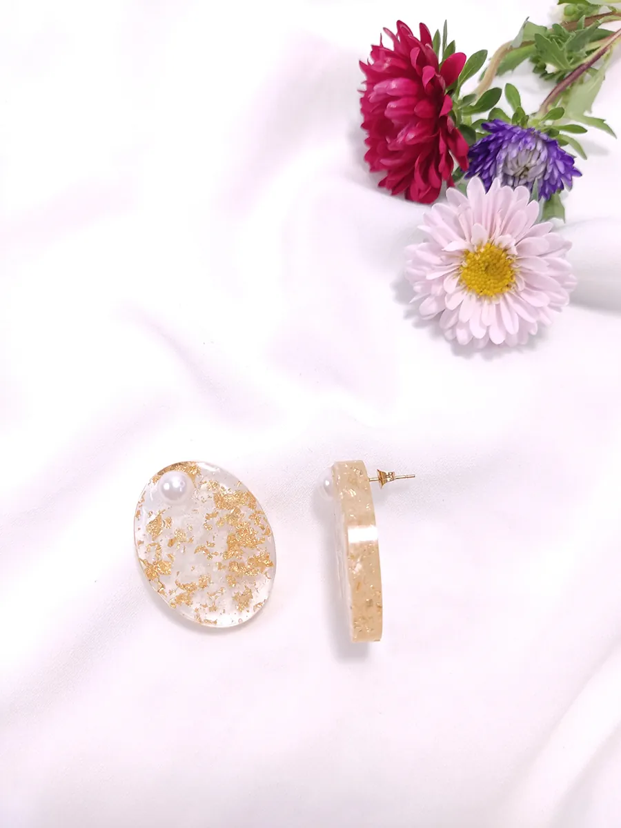 Σκουλαρίκια ατσάλινα με κλιπς  μεγάλα οβάλ με φύλλα χρυσού