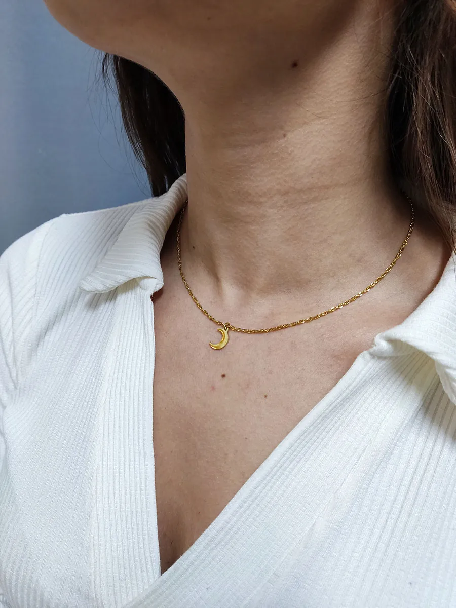 NECKLACE-0047 (3) Αλυσίδα ατσάλινη χρυσή με ημισέληνο