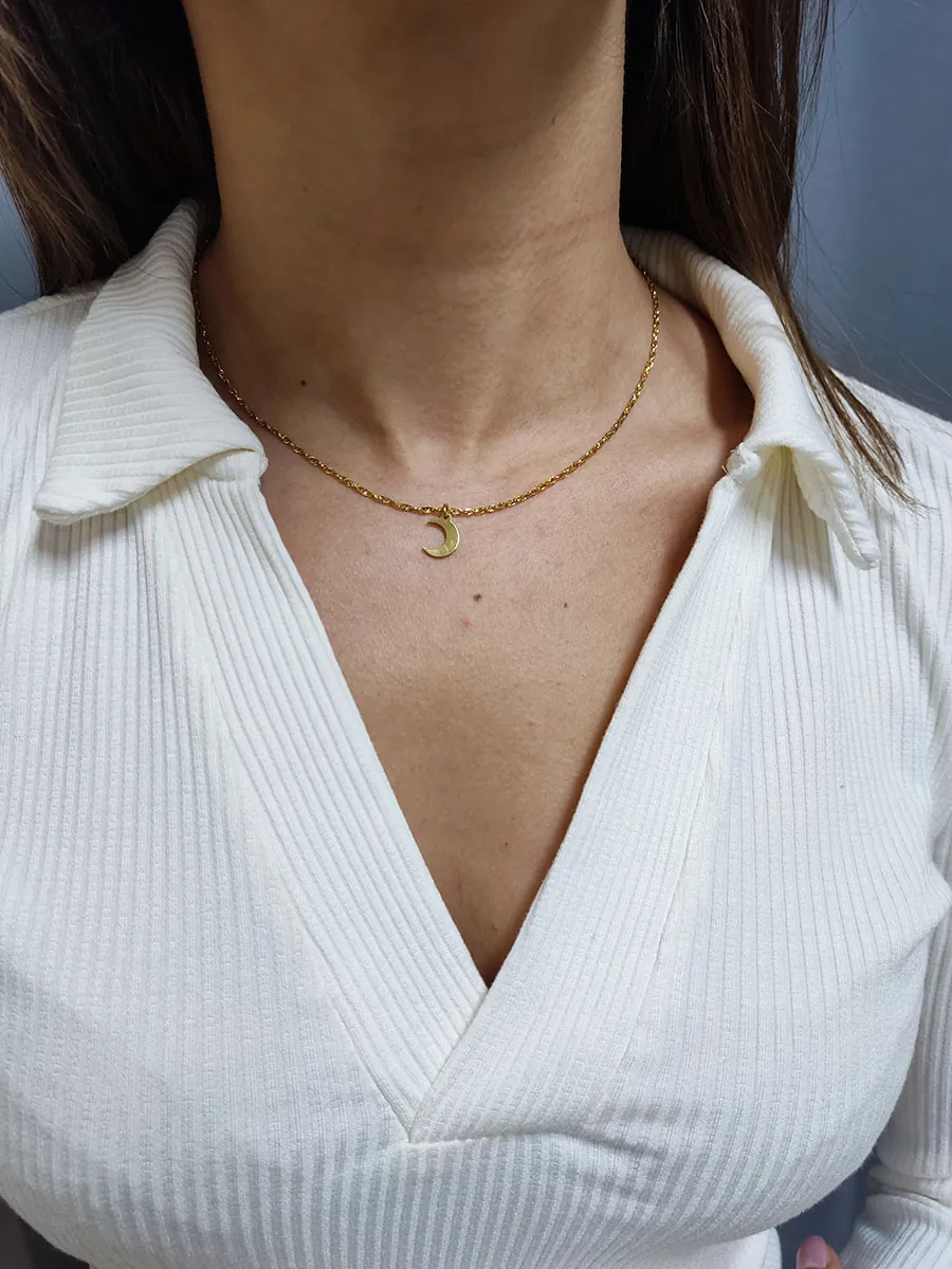 NECKLACE-0047 (4) Αλυσίδα ατσάλινη χρυσή με ημισέληνο