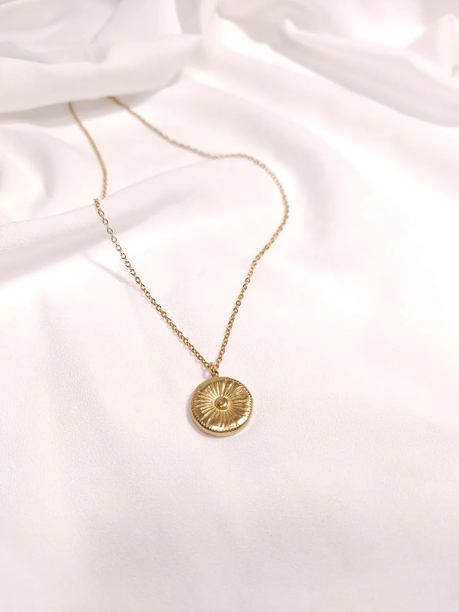 NECKLACE-0048 (2) Αλυσίδα ατσάλινη χρυσή με στρογγυλό στοιχείο ήλιο
