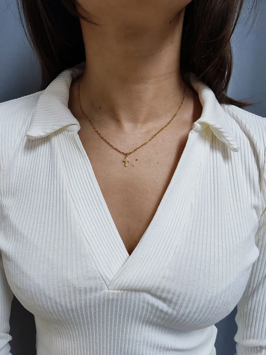 NECKLACE-0051 (1) Αλυσίδα ατσάλινη χρυσή με σταυρό