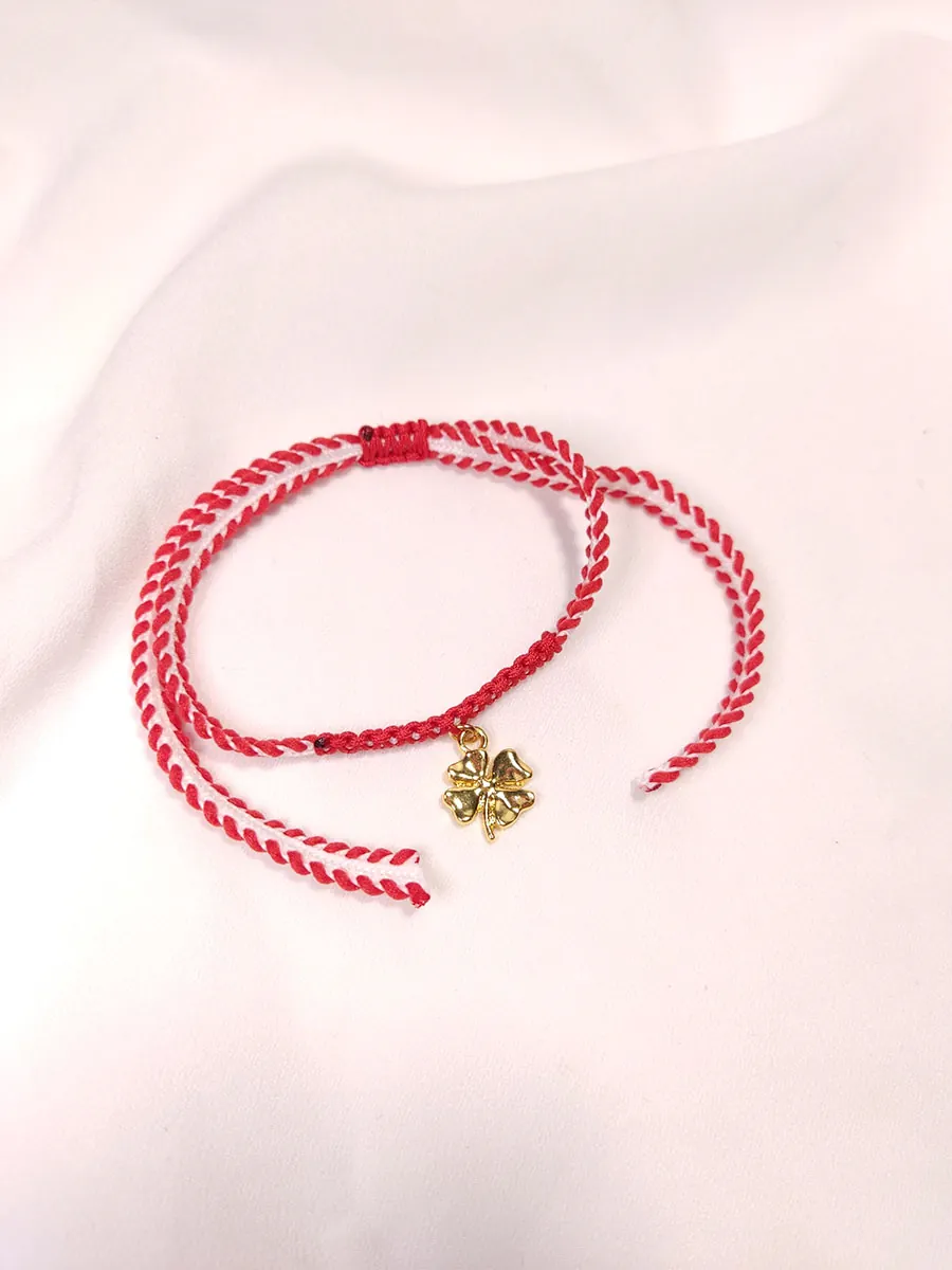 MARCHBR-0003 (3) Βραχιόλι Μαρτάκι με κρεμαστό χρυσό τετράφυλλο τριφύλλι