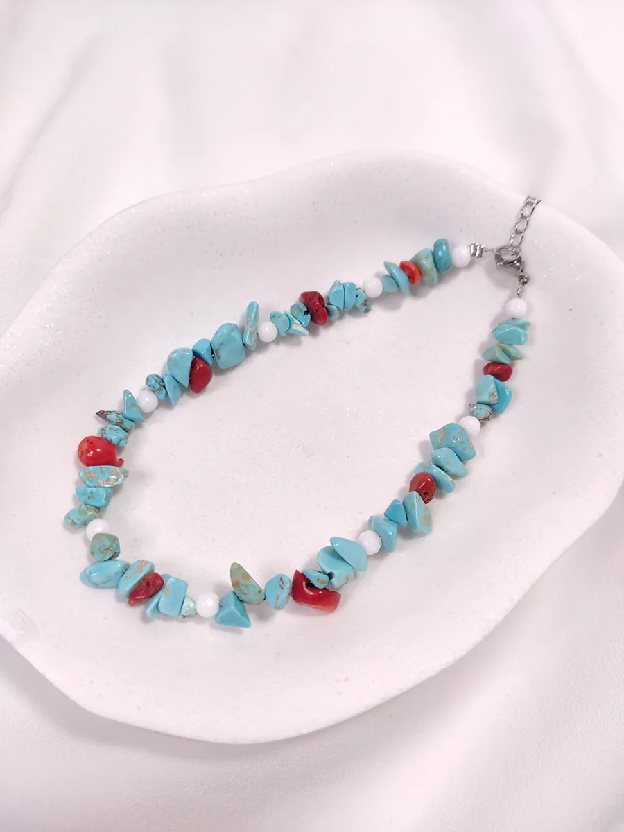 Βραχιόλι ποδιού μπλε κόκκινο με νεφρίτη κοράλλι & τιρκουάζ