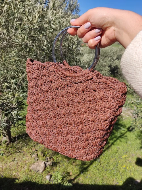 Τσάντα με πλέξη αχιβάδα & στρογγυλά χερούλια καφέ